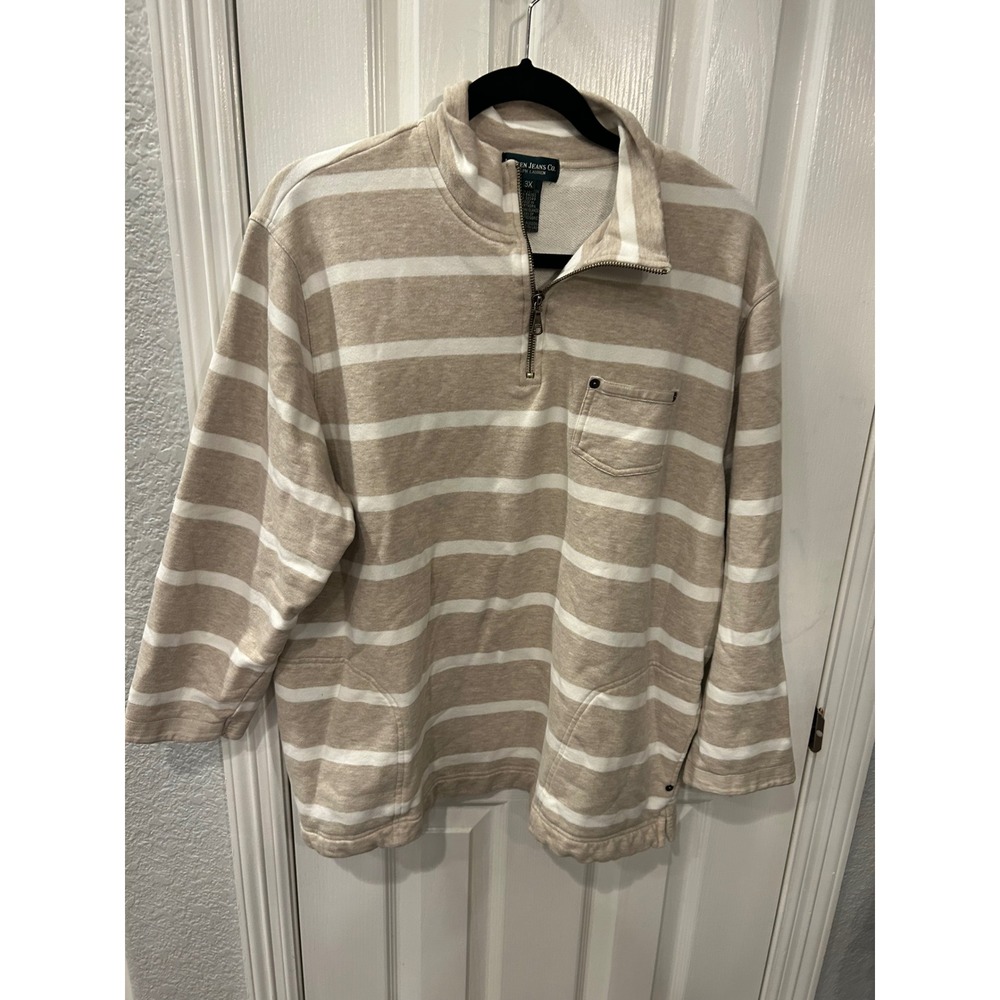 Lauren Ralph Lauren Pullover Tan White Striped Quarter Zip Cotton Sweatshirt 3X